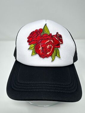 Handmade Black White Trucker Hat Red Rose Floral Snapback NWOT